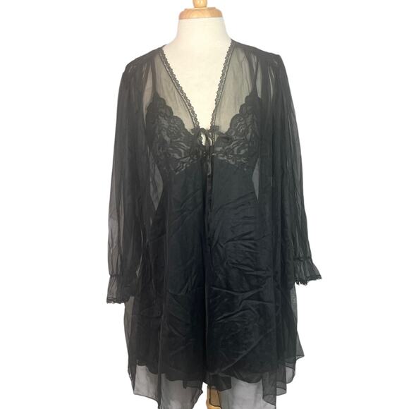 Vintage Barbizon Lingerie Set Chemise & Robe Womens Small Sheer Black Short Lace - Picture 1 of 9